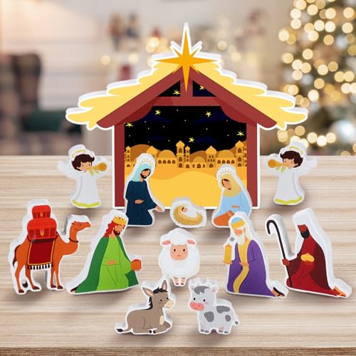Yuntau 13-Piece Nativity Set – Wooden Stable Christmas Scene Figures