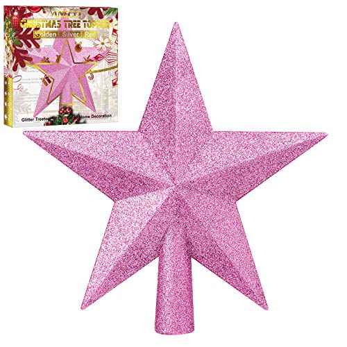 Aneco Glitter Christmas Tree Topper Shatter-Proof Christmas Tree Decoration Treetop for Holiday Ornament or Home Decor (Pink, 4 Inches)