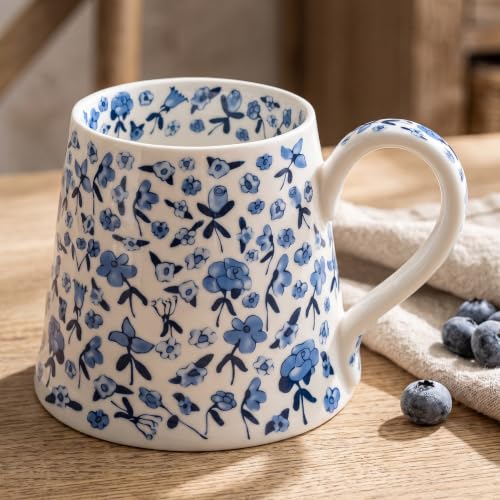 MOCERAKAI Blue Large Ceramic Flower Mug 13.5oz - Handmade Irregular Tea Coffee Cup for Women