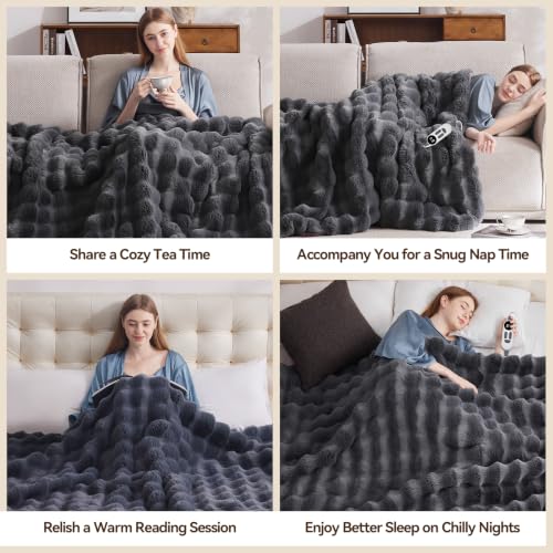Electric Heated Blanket Throw with 6 Heat Levels, Auto-Off Timer 62x84 Dark Grey Faux Rabbit Fur