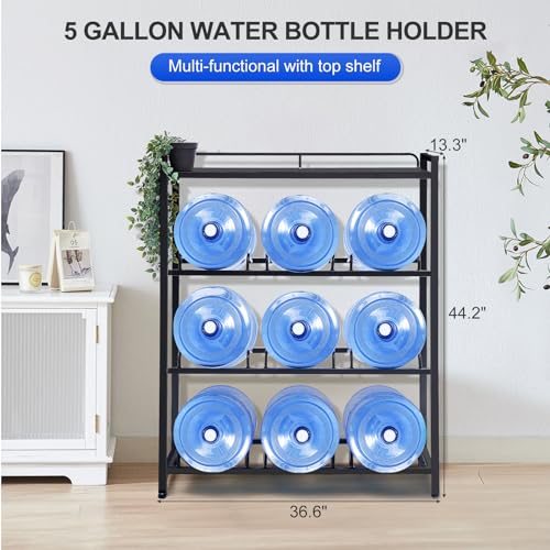 Black 9-Slot 5 Gallon Water Bottle Holder with Top Shelf - Heavy Duty Rack