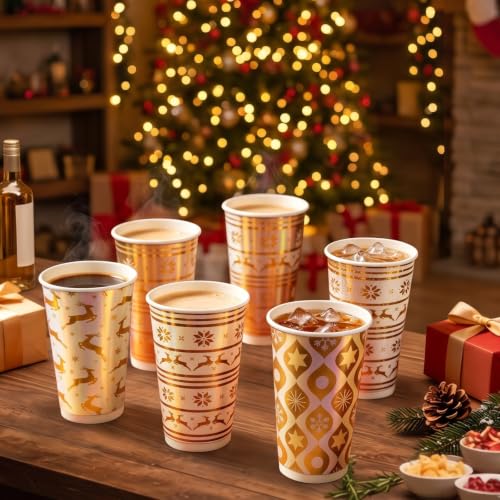 Ironshelf 24-pack Iridescent Christmas Disposable Paper Coffee Cups, 16oz