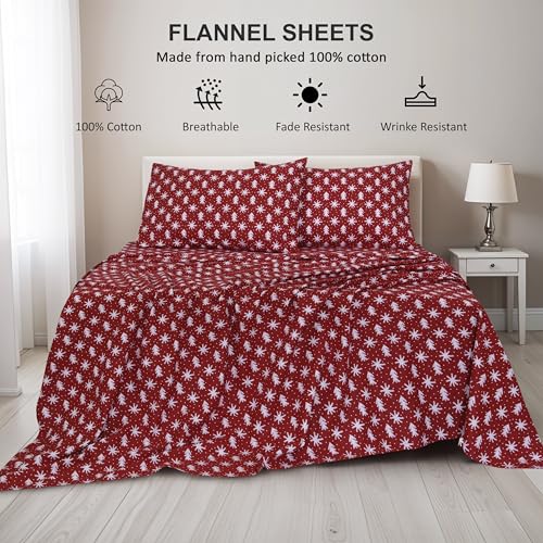 RUVANTI 100% Cotton Flannel Sheets Queen 4-Piece Set, Red Christmas
