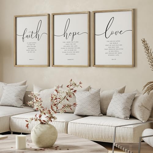 16x24 Inch Framed Religious Wall Art Set - Faith Hope Love Bible Verses Farmhouse Decor Brown Variation