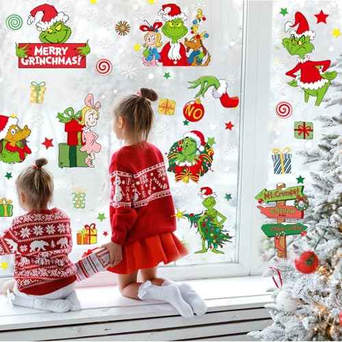 Christmas Window Clings Decorations for Window Glass, Large Xmas Green Red Stickers Decals Decor 9 Sheets Reusable Double Sided Window Stickers, Merry Christmas Gel Decals Indoor Party Supplies