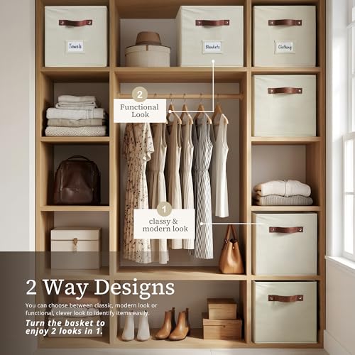 Beige Cube Storage Bins Set of 6 - 13-Inch Fabric Organizer Baskets with Labels
