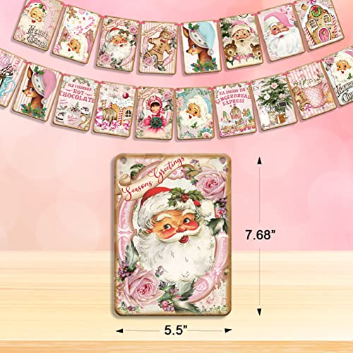 Pink Christmas Banner Garland with Santa, Reindeer & Merry Christmas Letters