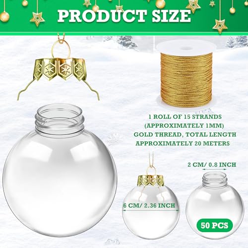 Wettarn 2.36 Inch Clear Fillable Christmas Ornaments Set of 50 with Gold Lid & Rope