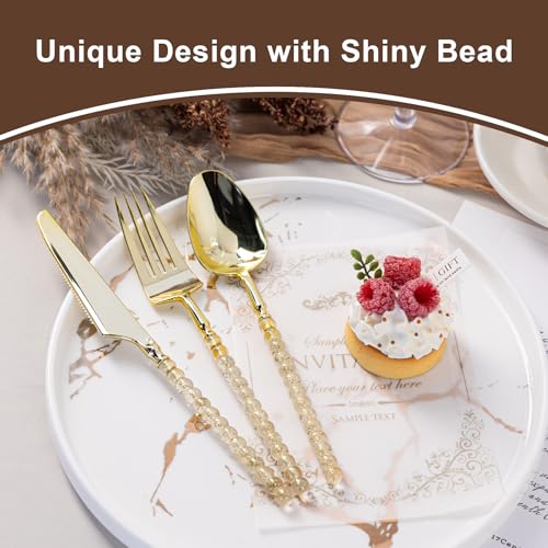 150PCS Heavy Duty Gold Plastic Silverware Set Bead Embellished - Elegant Disposable Utensils
