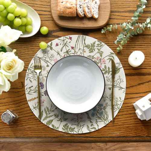 Artoid Mode Antique Herbs Wild Flowers Spring Placemats Set of 4, 14 Inch Summer Round Table Mats for Dining Decoration