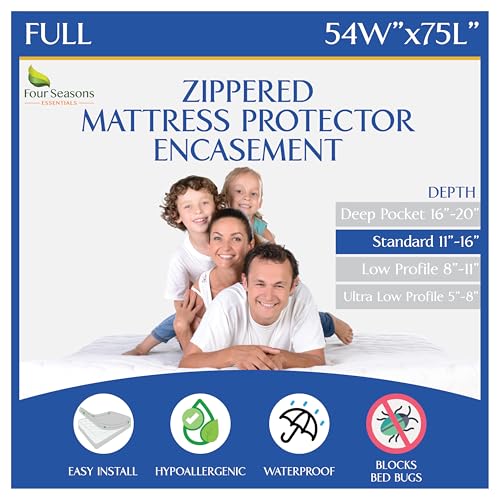 Four Seasons Essentials Full Size Waterproof Mattress Protector Zippered Encasement Hypoallergenic White