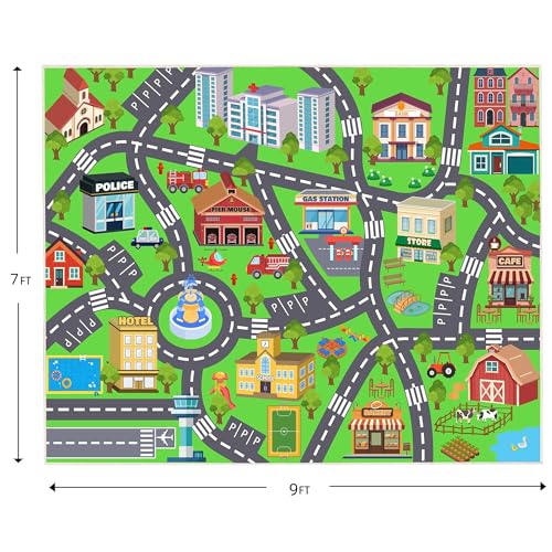Kids Playroom Rug 7x9 ft Town & City Road Map Play Mat - Soft, Non-Slip, Educational