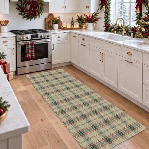 Rugxara Green Christmas Checkered Runner Rug 2x5, Washable Holiday Decor