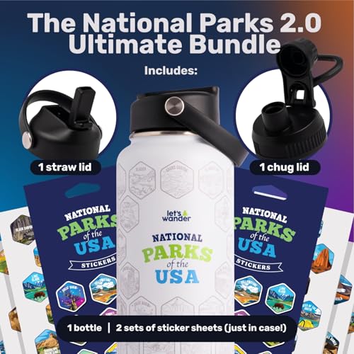 Let's Wander National Parks Water Bottle Bundle - Blue, 32oz with 63 Stickers & Dual Lids
