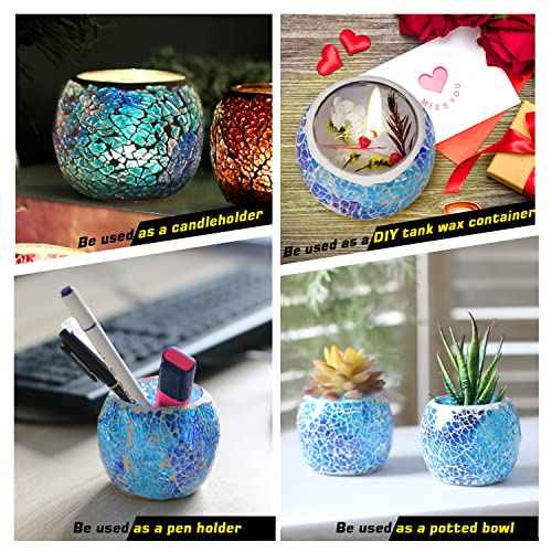 Romantic Mosaic Cracked Candle Holders(NO Candles) Wedding Dinner by Candlelight,Handmade Tea Light Holders Candlescape Bowl for Valentine's,Christmas Table Centerpiece,Party Decor 1 PC(Blue)