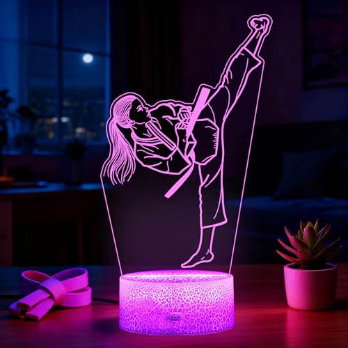 Karate Girl Night Light, Karate Gifts, Taekwondo 3D Illusion Lamp with 16 Colors Changing, Timer, 4 Flash Modes and Dimmable, Kids Girls Room Decoration, Holiday Xmas Gifts