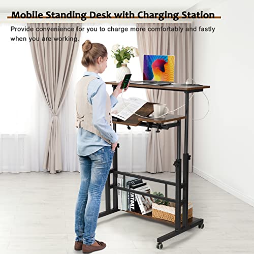 Hadulcet Adjustable Mobile Standing Desk with Charging Station - Rustic Brown, 31.5"