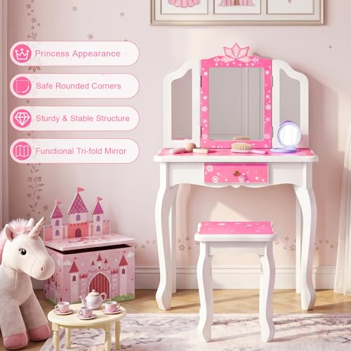 Pink Kids Vanity Set with Wooden Makeup Table & Stool, Tri-Folding Mirror, Large Drawer, Safe Sturdy Frame, Gift for Girls