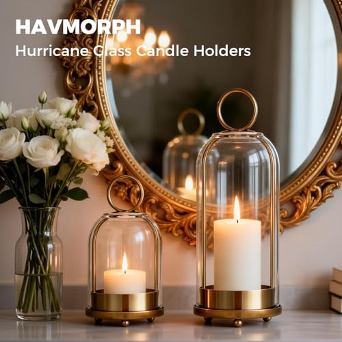 Havmorph Gold 5&4 Hurricane Glass Candle Holders, Hanging Brass Set