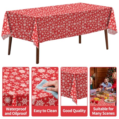 CXPSINC 4 Pack Disposable Christmas Snowflake Tablecloths 54 x 108 Inches - Red Holiday Party Cover