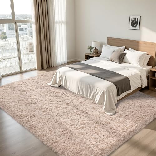 Beige 8x10 Fluffy Shag Area Rug for Living Room & Bedroom, Non-Slip