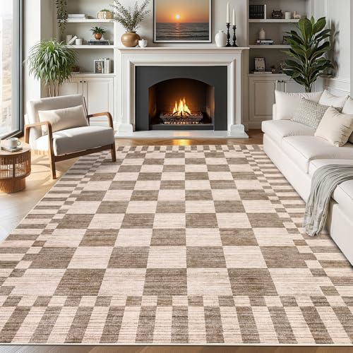GarveeHome Brown Checkered 5x7 Area Rug - Machine Washable Non-Slip Living Room Carpet