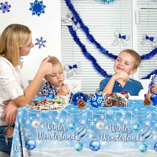 Winter Wonderland Tablecloth Blue Snowflake Winter Party Decorations Winter Wonderland Christmas Lights Snow Disposable Plastic Table Cover for Winter Wonderland Baby Shower Birthday Party Supplies