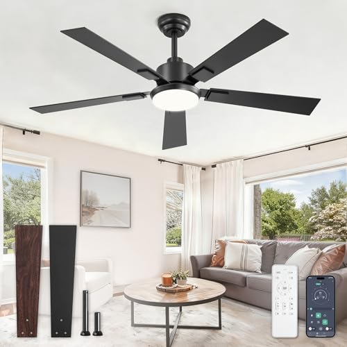 Black 52 Inch Ceiling Fan with Dimmable 3000-6000K Lights Remote Control - Reversible Blades