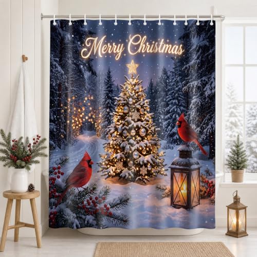 Visstree Christmas Shower Curtain with Red Cardinal – 71x71 in, Multicolor