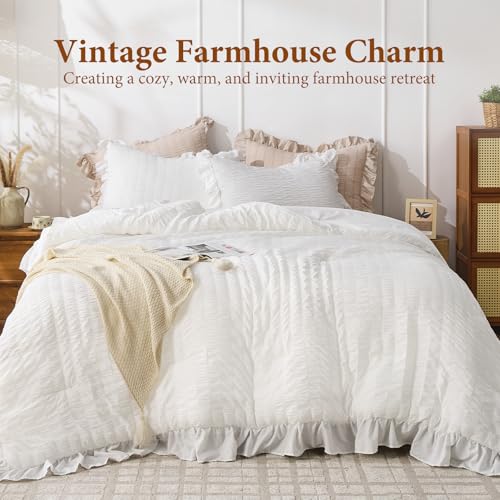 JOLLYVOGUE White Full Size 3-Piece Seersucker Comforter Set - All Season Lightweight Bedding