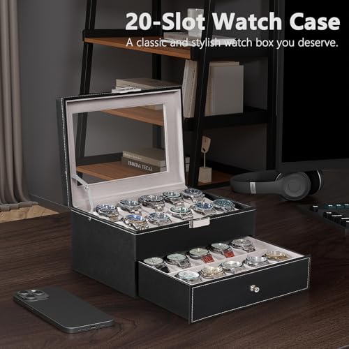 BEWISHOME Black & Gray 20-Slot Watch Organizer with Glass Lid