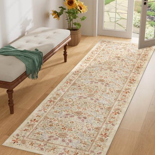 2x6 Runner Rug, Washable Vintage Floral Kitchen Beige