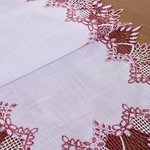 Raedan Dark Red & White Linen Lace Table Runner 16x72 Inches for Dining & Decor