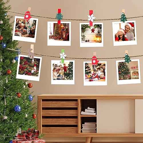 Mini Christmas Wooden Clips 120PCS, Christmas Photo Clips, Christmas Tree Clothespins for Christmas Hanging Photos and Party Decorations