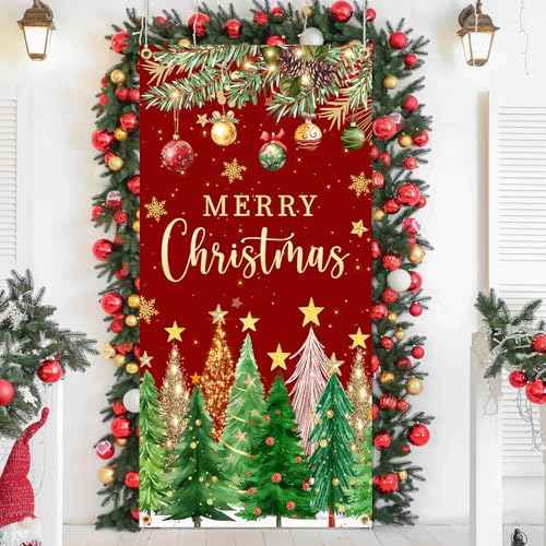 Christmas Door Cover Christmas Tree Door Cover Red and Green Xmas Door Decorations Xmas Door Banner Photo Booth Props for Wall Party
