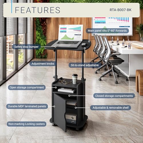 Black Adjustable Laptop Cart with Storage and Locking Wheels – Mobile Workstation