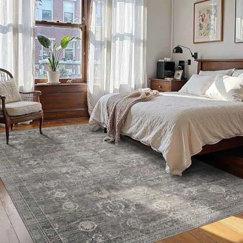 Washable 5x7 Taupe Grey Area Rug - Boho Floral Geometric Pattern for Living Room & Bedroom - Non-Slip Backing
