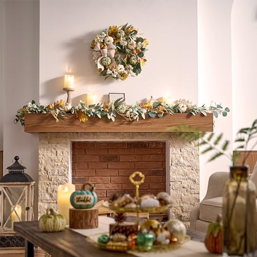 Valery Madelyn 6ft Fall Garland with Pumpkins & LED Lights, White/Green