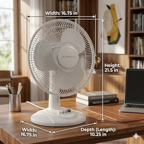 Comfort Zone White 16-Inch Oscillating Table Fan with Adjustable Tilt, 3-Speed, Quiet Desktop Fan CZ161WT