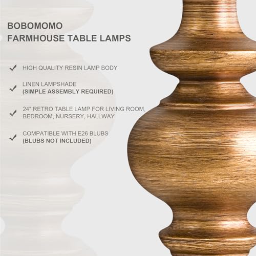 24-Inch Antique Gold Bedside Lamps Set of 2 with Linen Shades - Farmhouse Style, Medium Size Variation of Medium-24"