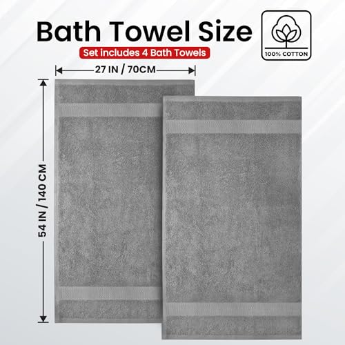 Grey Bath Towels Set - 4 Pack, 100% Cotton, Ultra-Soft & Absorbent