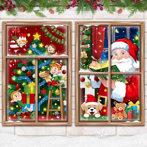 Preboun 2 Pcs Christmas Curtain Window Decoration Xmas Window Silhouette Snowflake Cover Christmas Poster for Indoor Outdoor Holiday Party Wall Garage Door Decor(Santa Claus and Elf Tree)