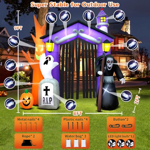 KOOY 9FT Haunted House Castle Archway Inflatable with LED Lights Halloween Decor