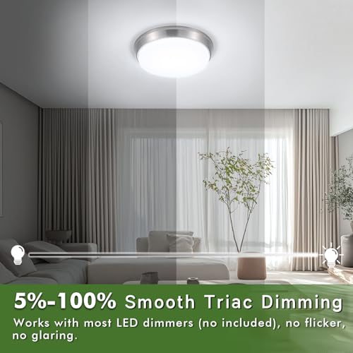 13 Inch Brushed Nickel Flush Mount Ceiling Light 2 Pack - Dimmable LED Fixture with 5 Color Temperatures