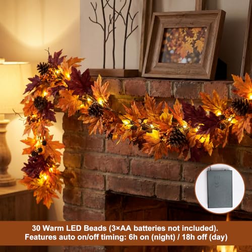 6Ft Fall Garland with 30 Lights & Timer - Autumn Mantle Decor