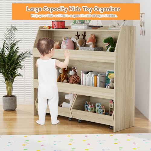 Medium Toy Storage Organizer with 3 Shelves and Rolling Bins - Wood