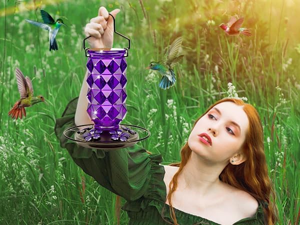 Skiennix Glass Hummingbird Feeder - 25 Ounce Leak-Proof Outdoor Nectar Feeder with 5 Flower Ports | Purple Garden Decor