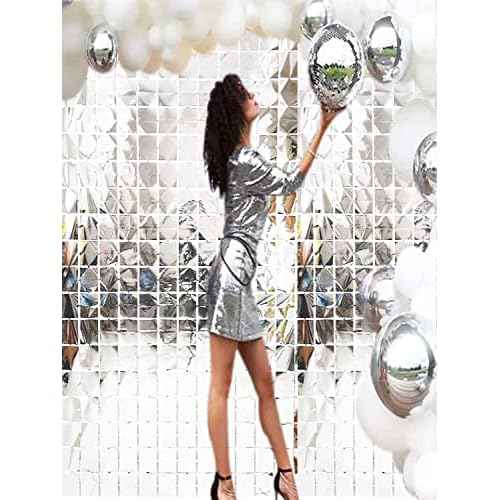 Prudance 2 Pcs Silver Foil Fringe Square Curtain Party Decorations,Sequin Square Curtain Photo Backdrop Props Suitable for Birthday Party Bachelorette Engagement Christmas New Years Decor 3.3 x 6.6 Ft