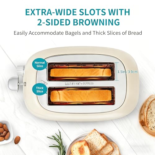 Ultrean Cream 2-Slice Toaster with Wide Slots, 6 Browning Levels & Removable Crumb Tray