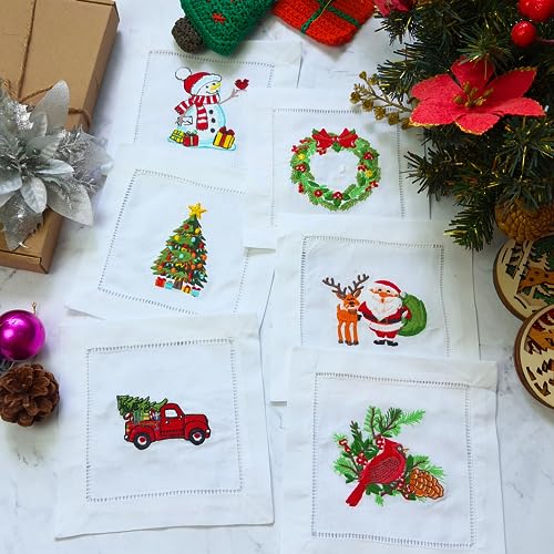 HCRAFT 6x6 in Christmas Cocktail Napkins - Embroidered Cotton Set of 6, Xmas Decorative